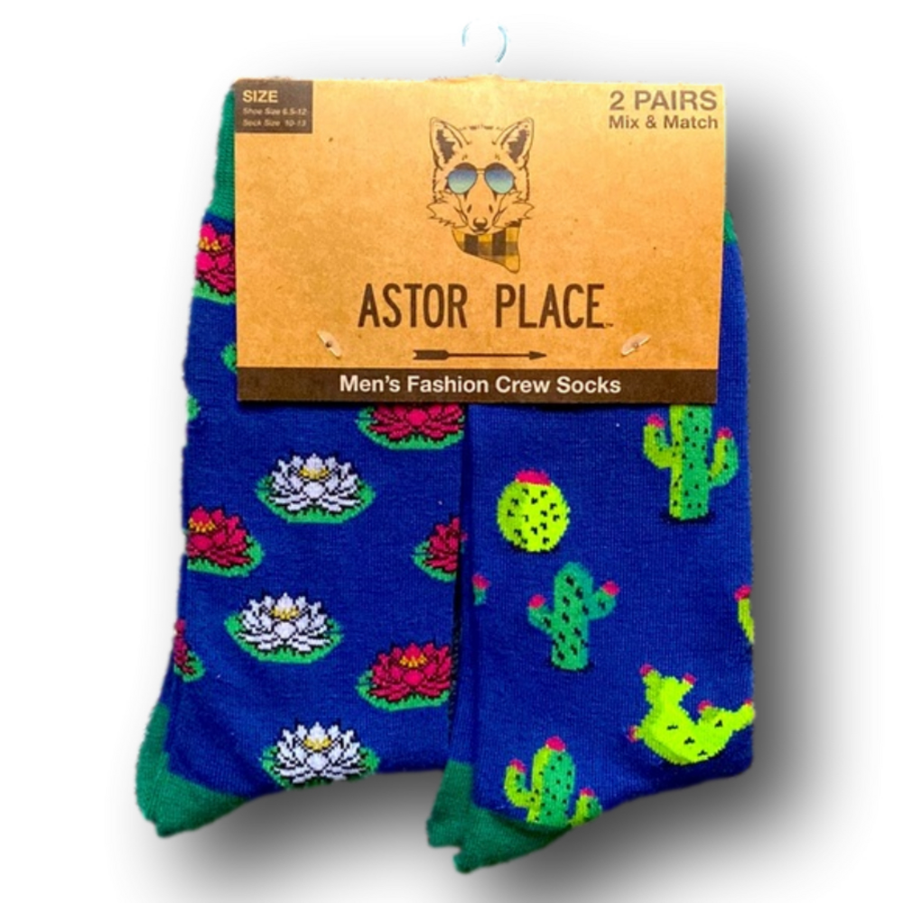 Astor Place Mens Fashion Crew Socks - Lily Pads & Cactus - Brand New